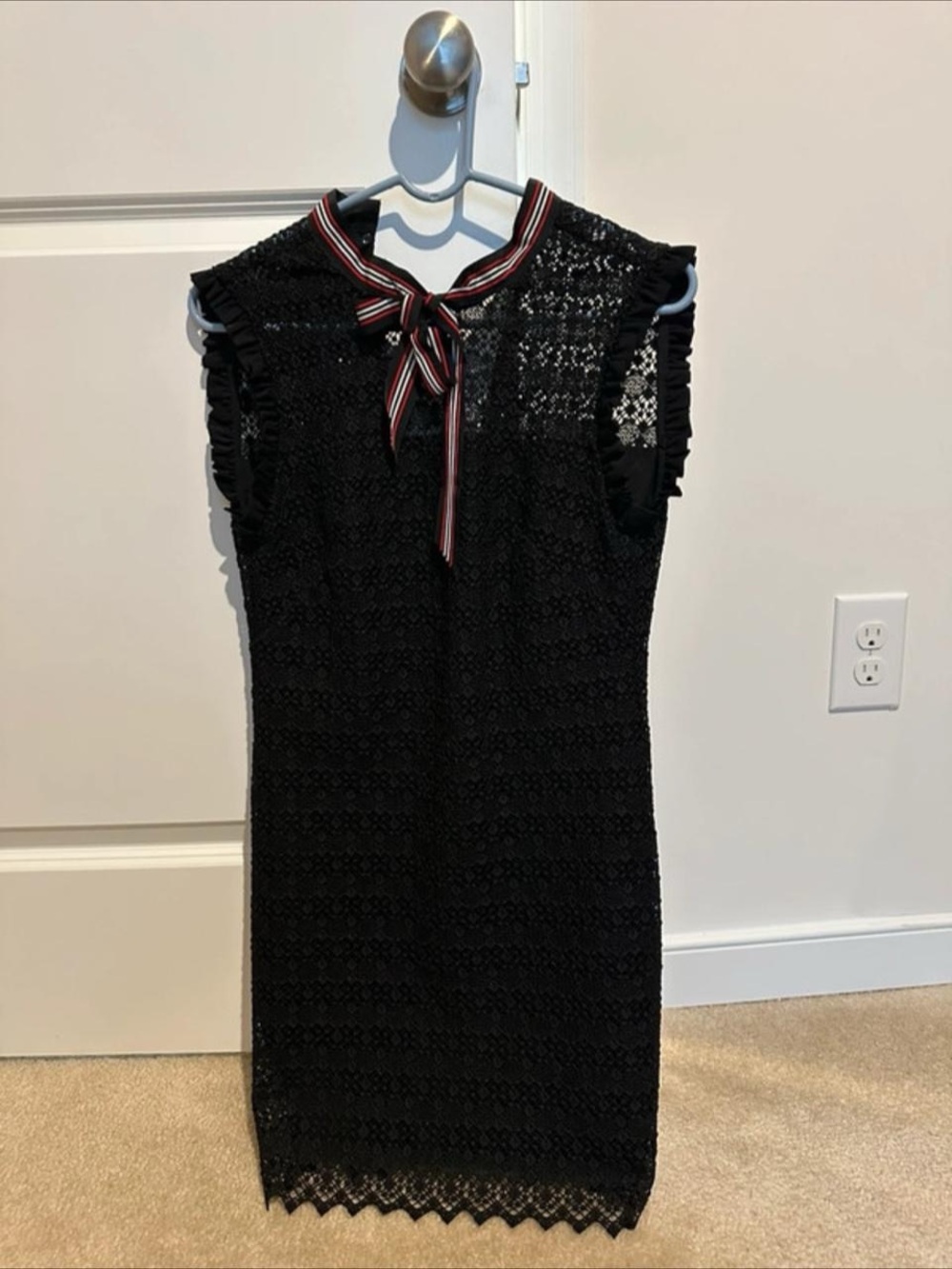 Sandro Black Lace Midi Dress with Striped Tie Neck